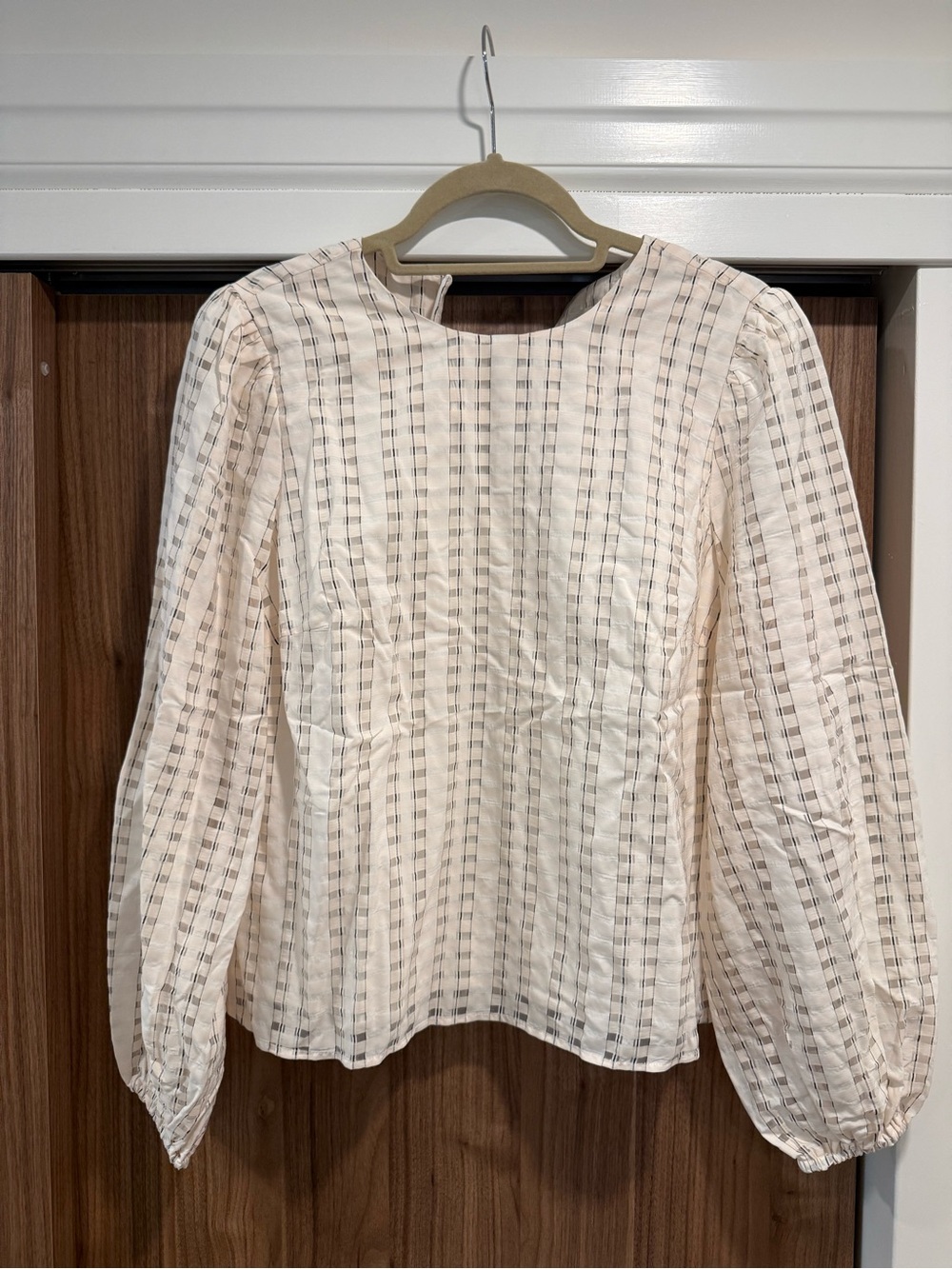 Camilla Pihl Cream Checked Sheer Balloon-Sleeve Blouse